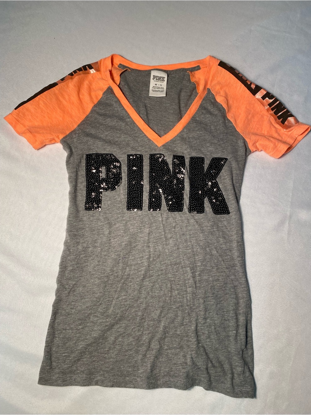 PINK Girls' Gray & Orange Sequin Logo V-Neck Tee